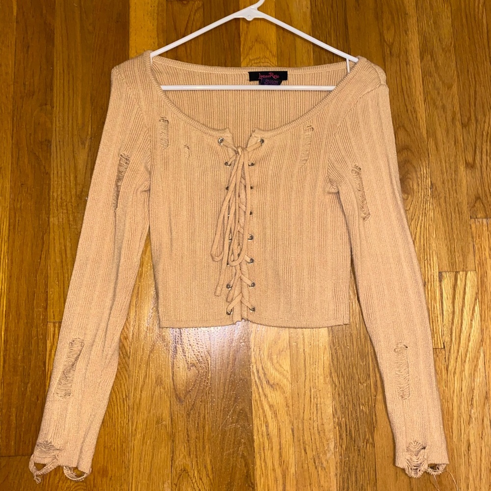 Tan Distressed Lace Up Crop Sweater! NWOT